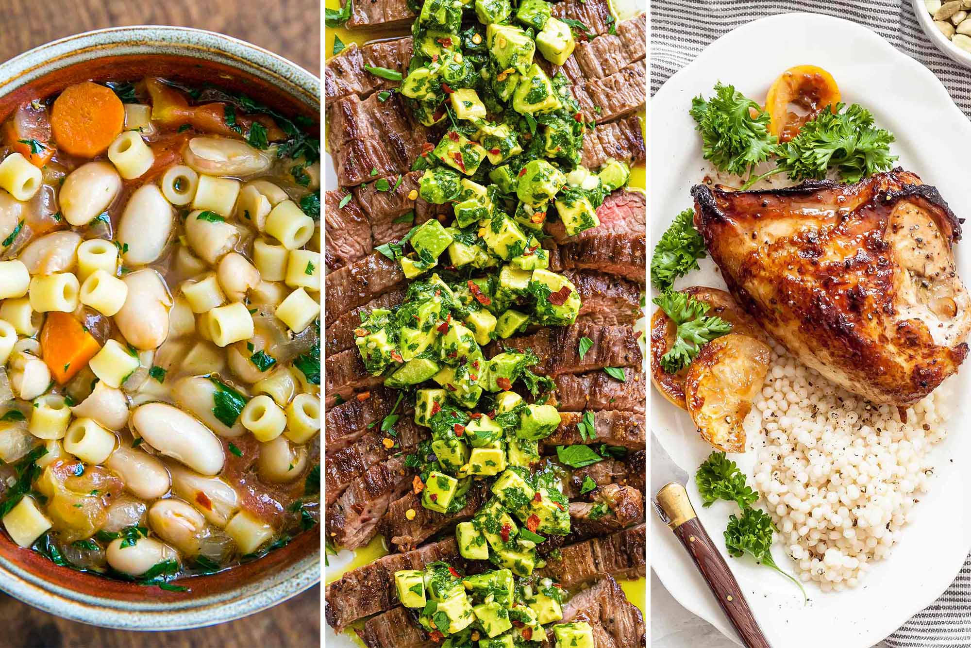 Three photos side by side, Pasta e Fagioli, Skirt Steak with Avocado Chimichurri, Cardamom Honey Chicken