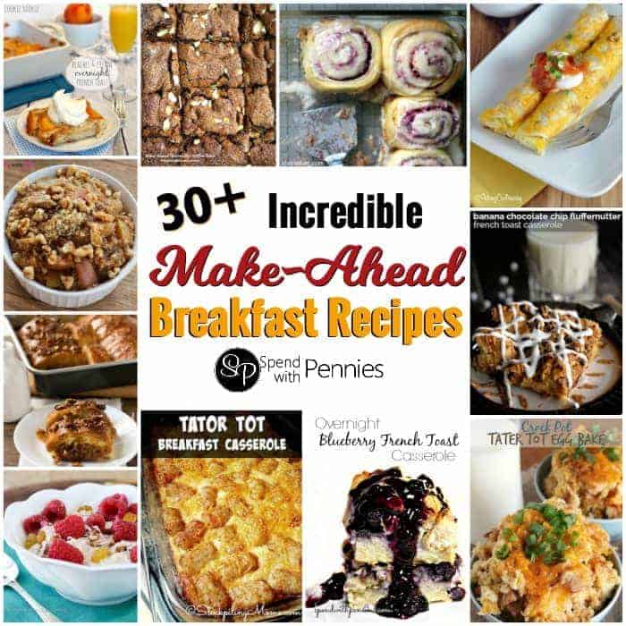 collage of mac ahead breakfasts including tator tot casserole and blueberry overnight French toast casserole