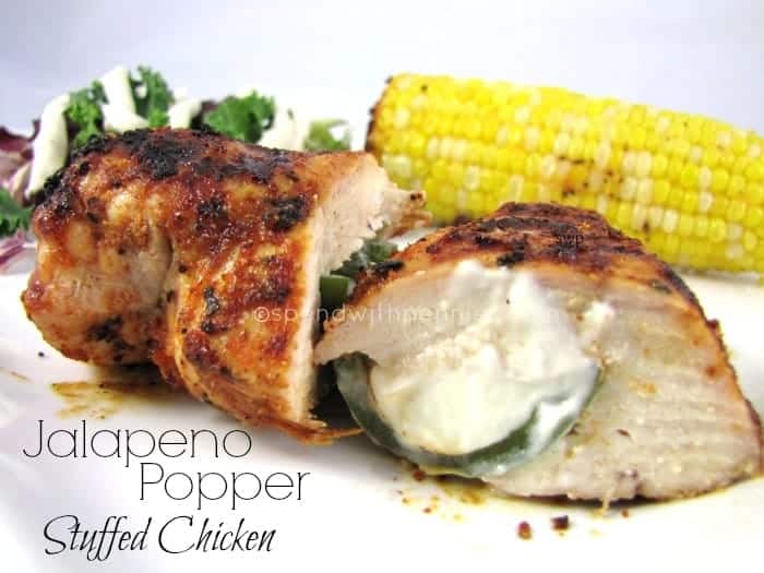 jalapeno popper stuffed chicken breasts with a cob of corn on the side