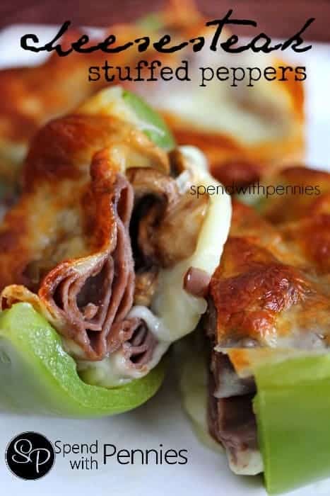 A green bell pepper stuffed with beef and cheese with a title