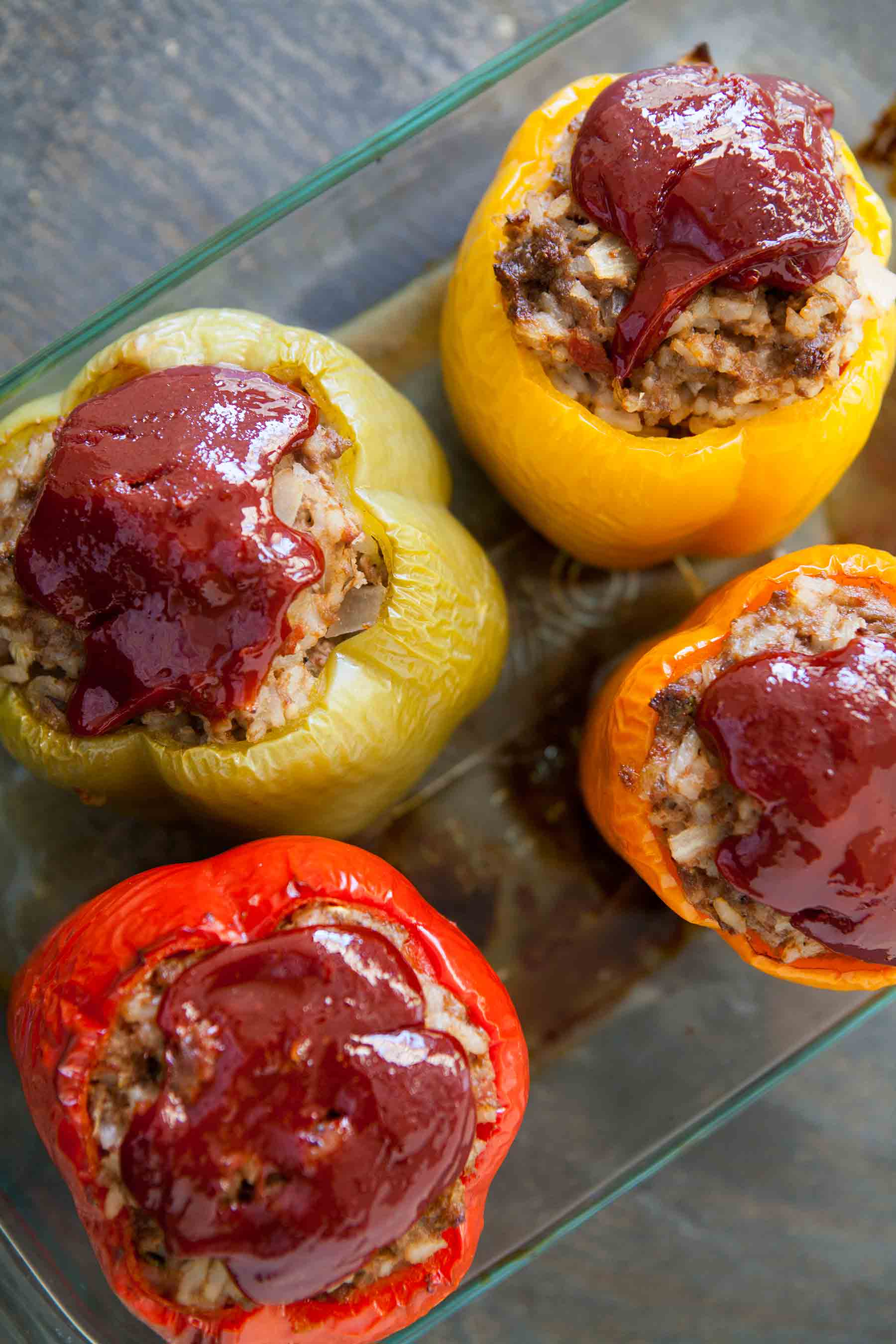 Best Ever Stuffed Bell Peppers baked in a casserole dish