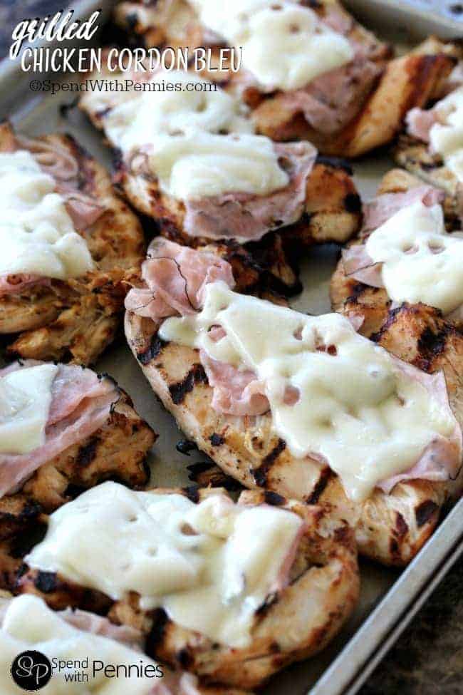 Grilled Chicken Cordon Bleu on a baking sheet