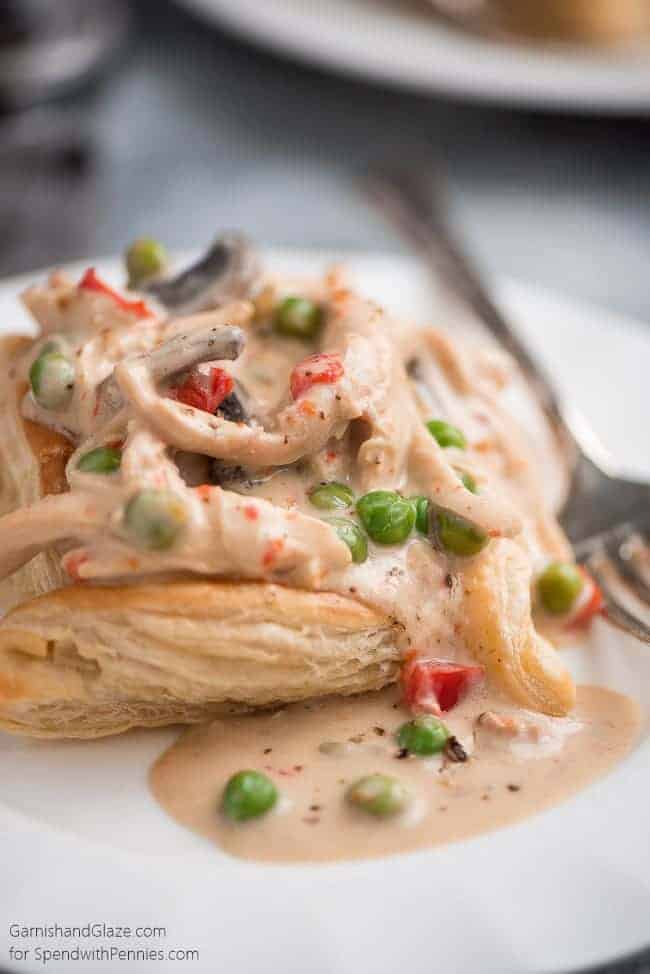 Piece of Slow Cooker Chicken a la King on a white plate with a fork