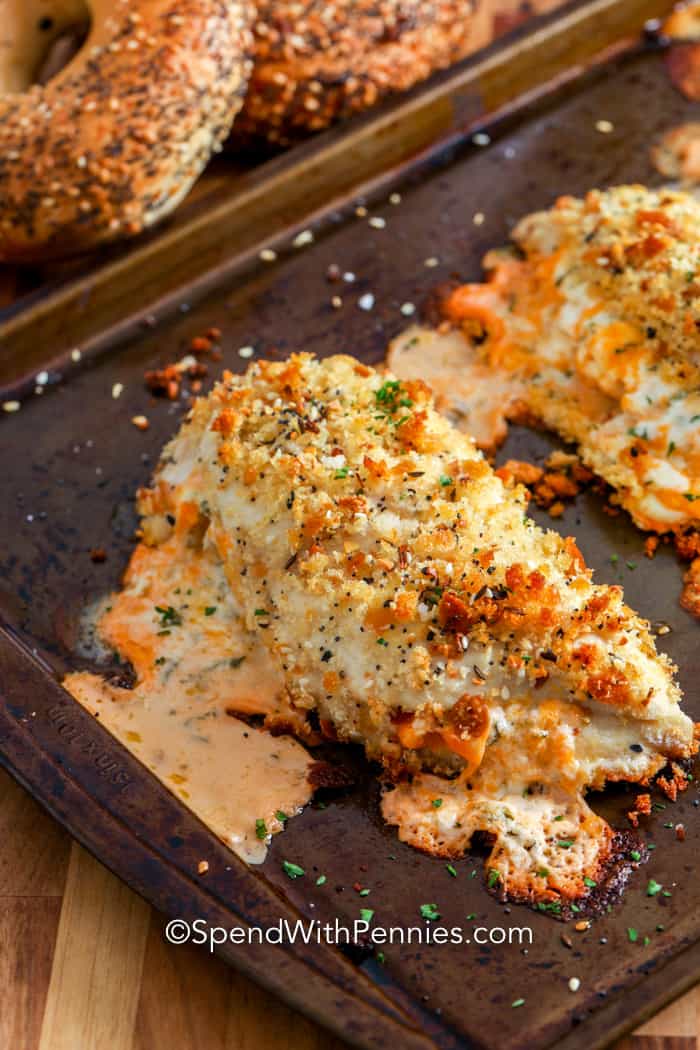 Everything Cheese Stuffed Chicken on a baking sheet