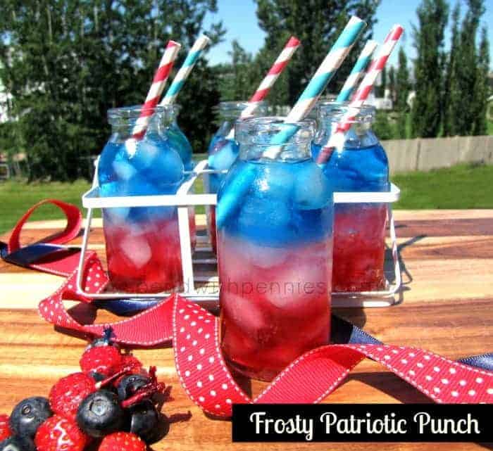 6 small bottles of frosty patriotic punch with red, which and blue drink in each