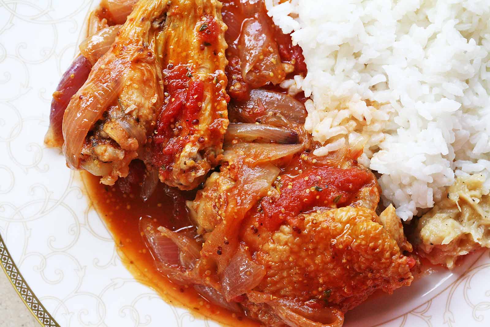 Chicken Stew with Onions, Tomatoes, Dijon