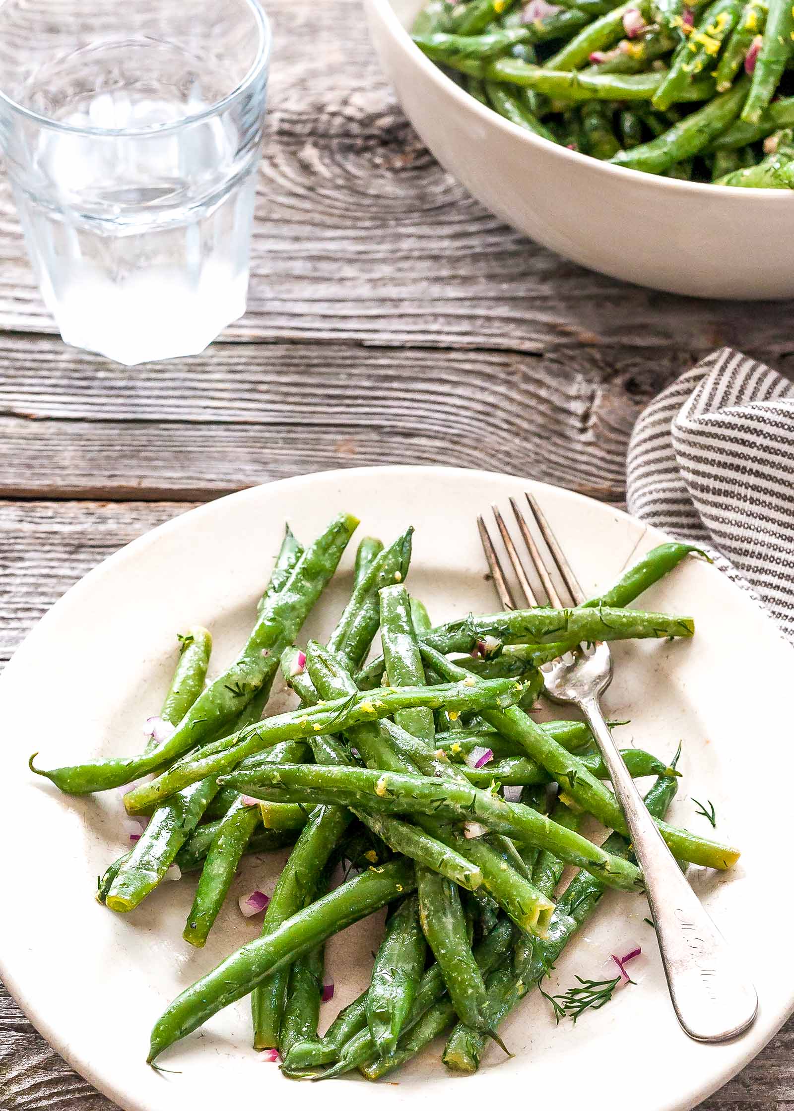 Garden Green Bean Salad - green beans on a plate with a fork