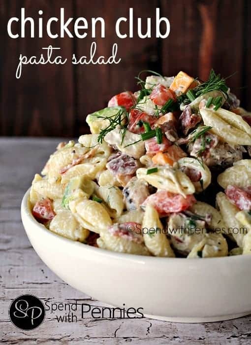 Chicken Club Pasta Salad in a bowl with dill