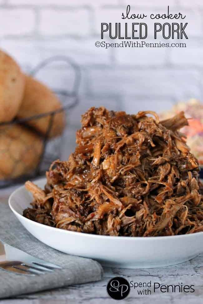 Slow Cooker Pulled Pork in a white bowl