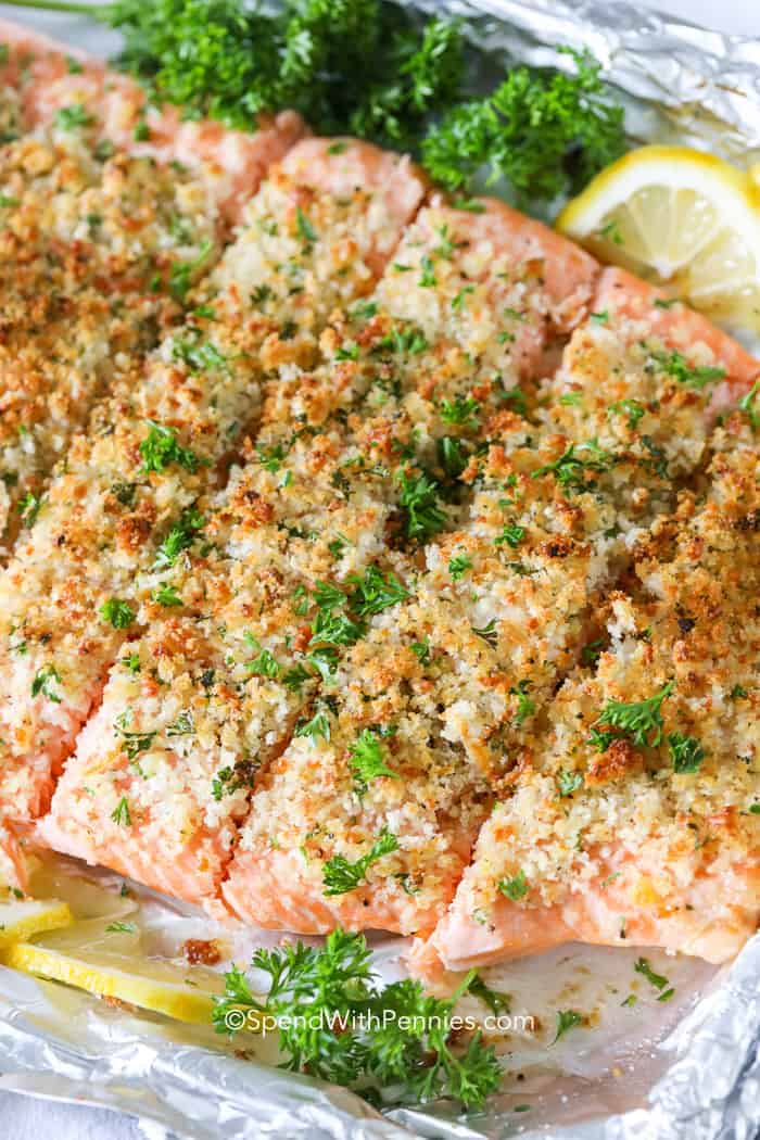 Herb Baked Salmon on baking sheet with foil