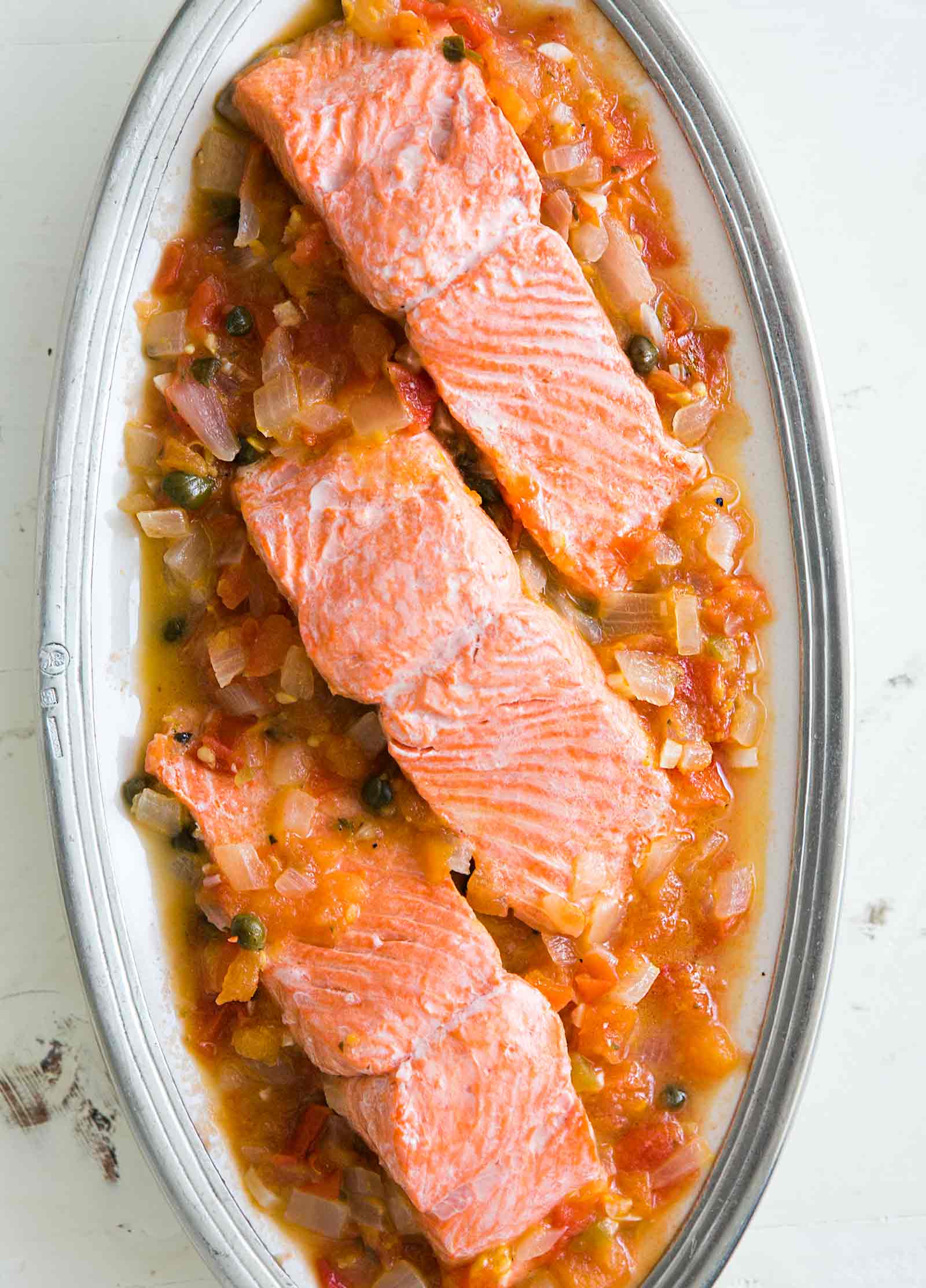 Salmon with Tomatoes, Onions, Capers