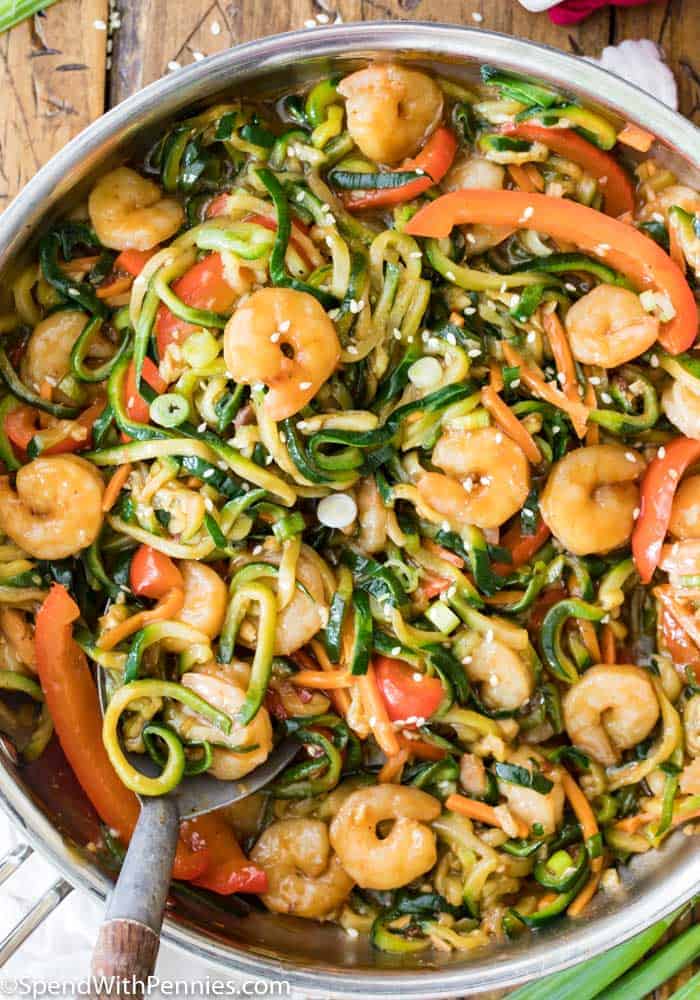 Shrimp Stir Fry with Zucchini Noodles in a pan