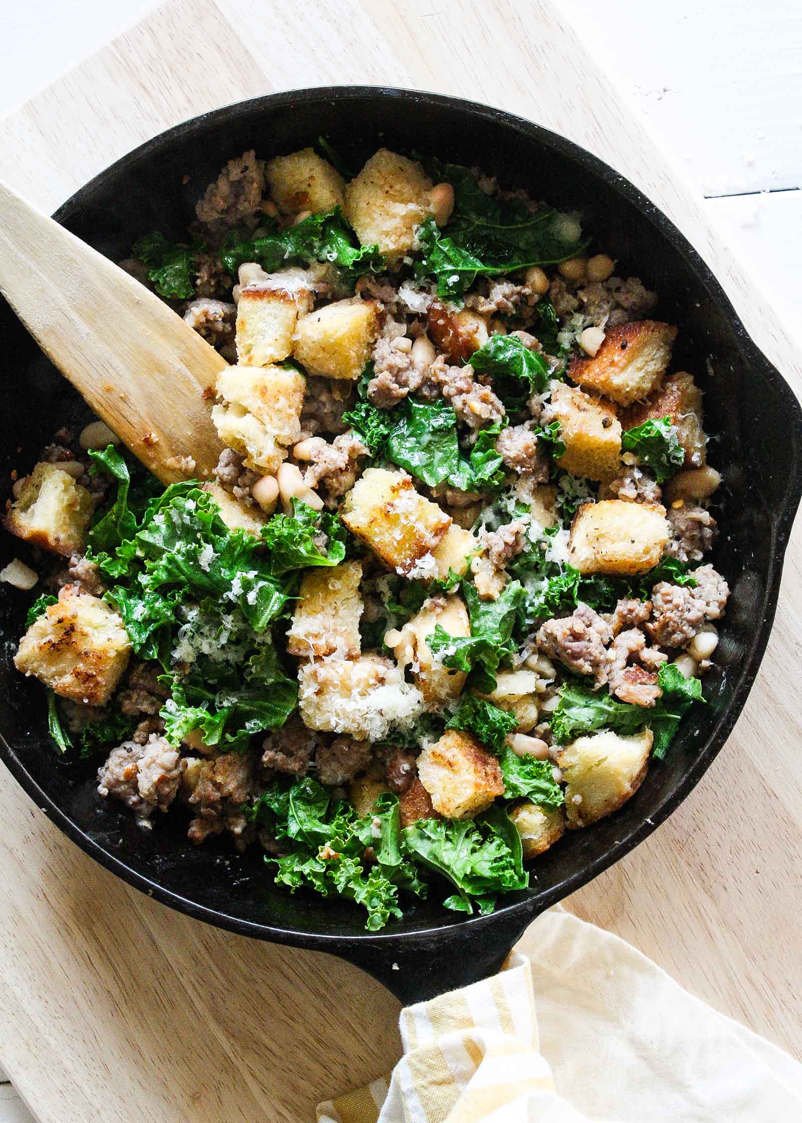 Quick Sausage, Kale, and Crouton Saute
