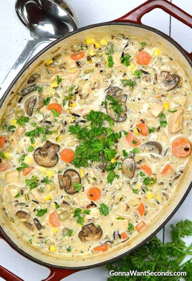 Creamy Chicken and Wild Rice Soup in a cast iron pot