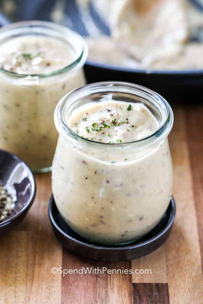 Cream of Mushroom Soup in a glass container