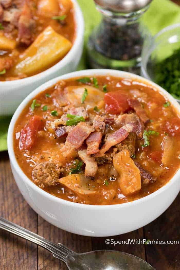 Crock Pot Cabbage Roll Soup in white bowl