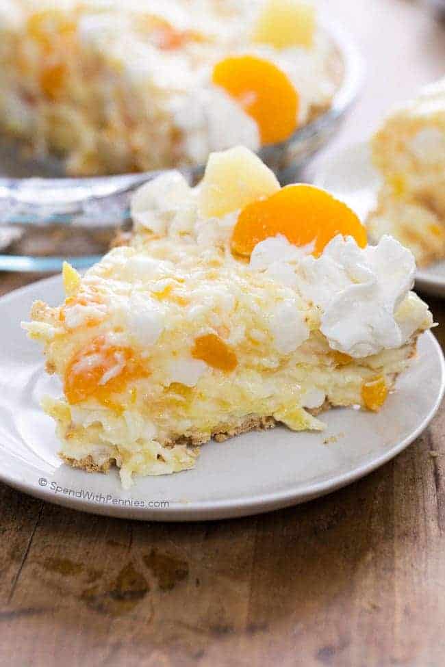 Ambrosia Pie on a plate with writing