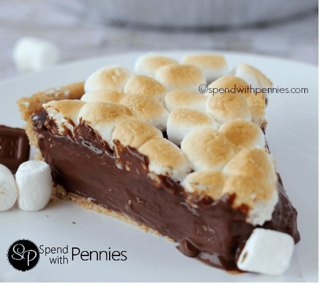 smores pie topped with marshmallows with a title