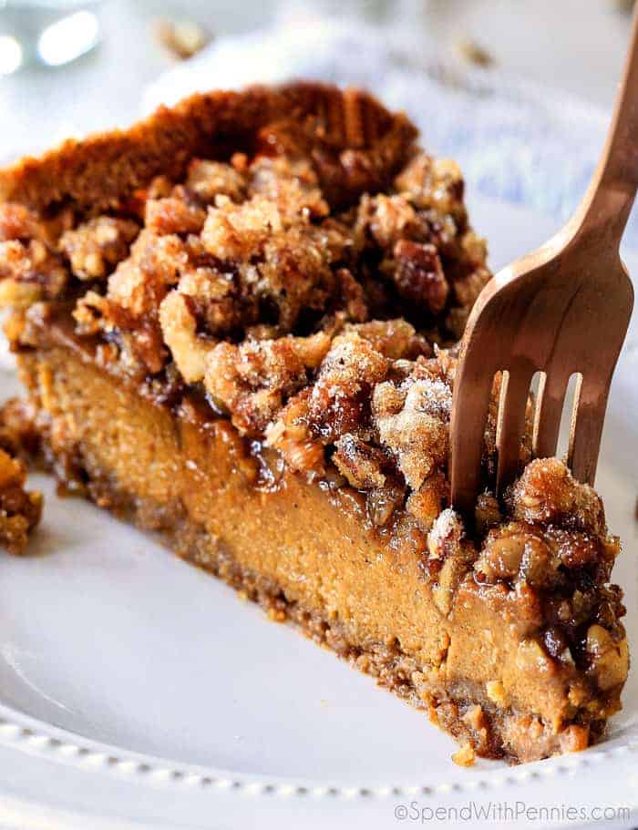 Praline Pumpkin Pie on plate being eaten