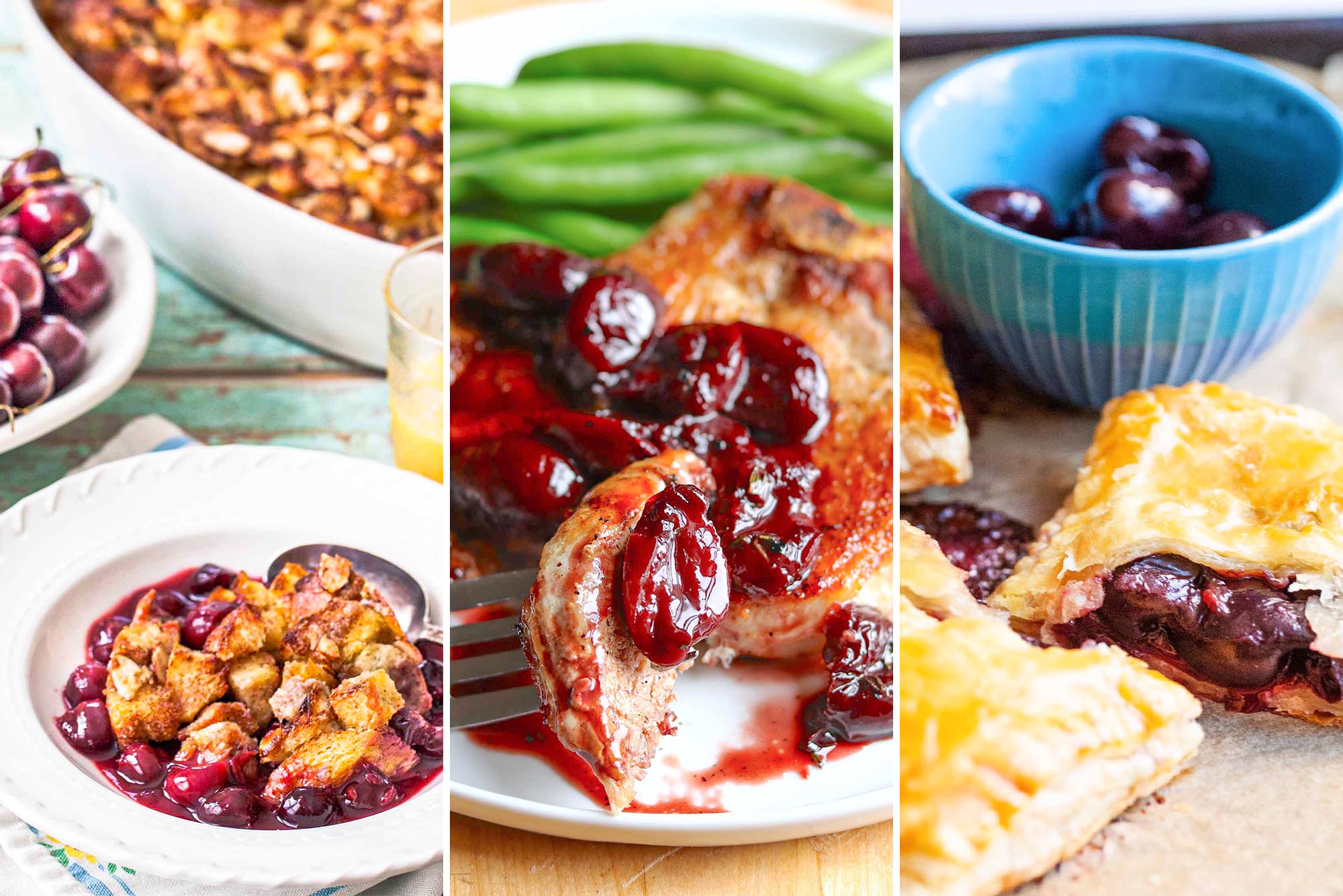 Three photos set next to each other. The photo on the left is a bowl of cherry cobbler. The picture in the center is a pork chop with cherry sauce. The picture to the right are of cherry hand pies.