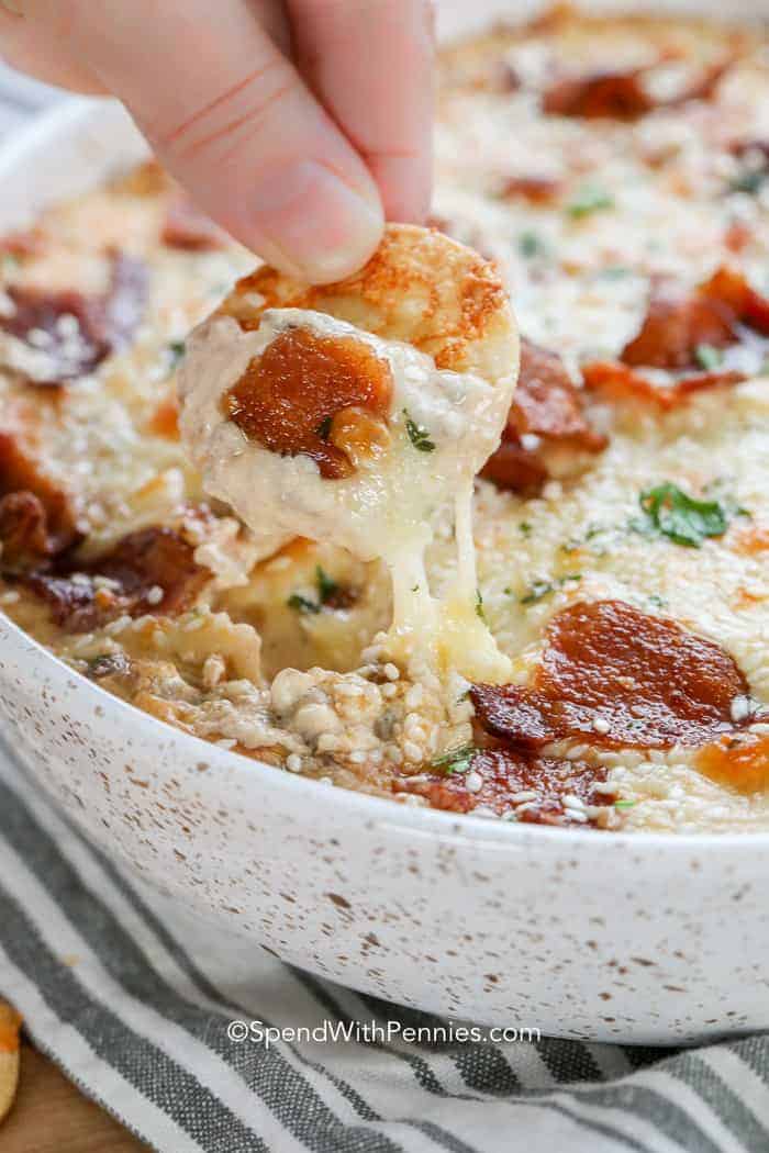Cheesy Hamburger Dip on a chip