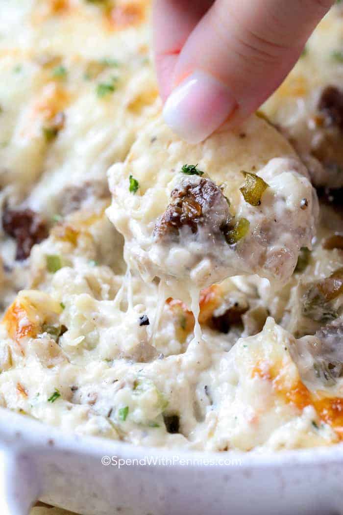 Cheesesteak Dip with a chip