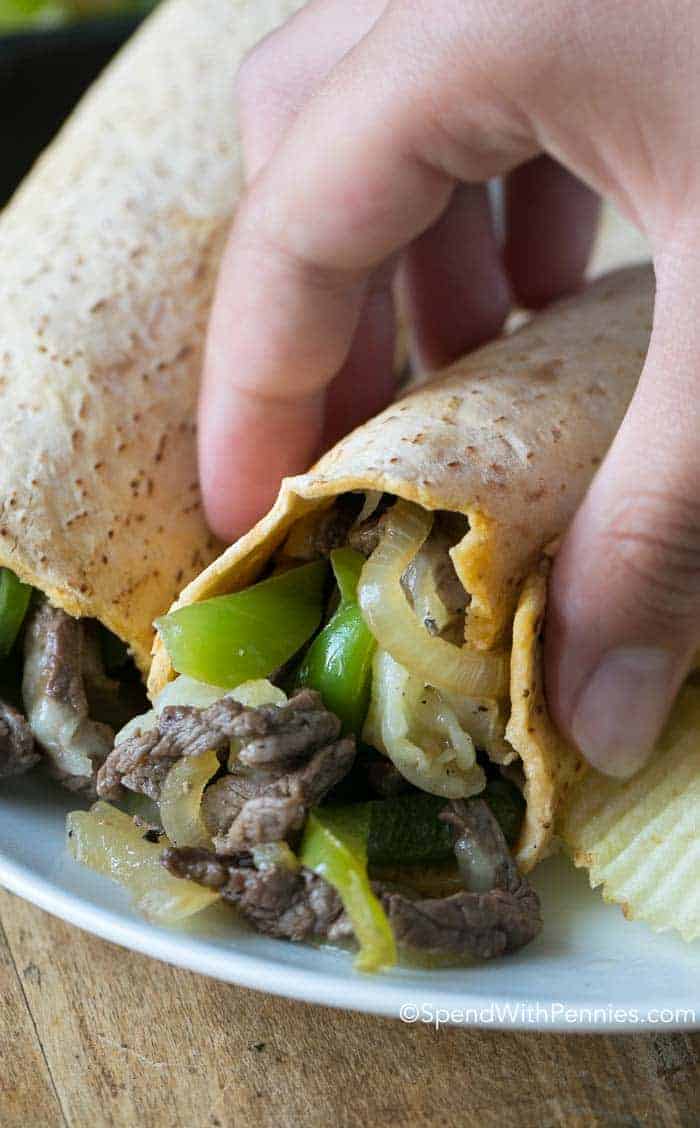 close up of cheese Steak Wrap on plate