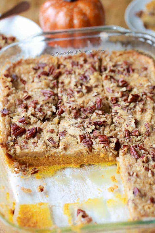 9x13 pan of pumpkin crunch cake, a dessert with pumpkin and yellow cake mix