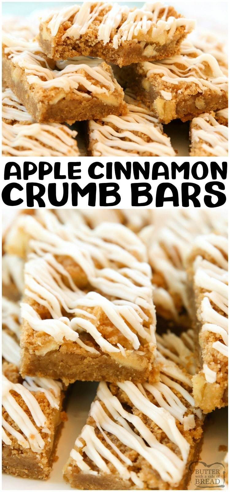 Barrette di cannella e mela fatte con mela fresca, zucchero di canna, cracker integrali e cannella! Ricetta semplice per barrette di mele cotte con glassa alla vaniglia. #apples #applecinnamon #crumb #dakes #bars #baking #recipe from BUTTER WITH A LIDE OF PANE
