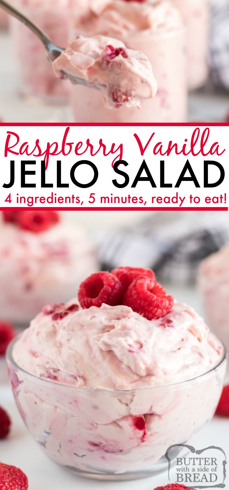 L'insalata di gelatina di lamponi alla vaniglia è una delle ricette di gelatina più semplici che tu abbia mai fatto, ed è perfetta come contorno o dessert. Questa ricetta richiede solo 4 ingredienti e 5 minuti, quindi è pronta per essere servita subito!