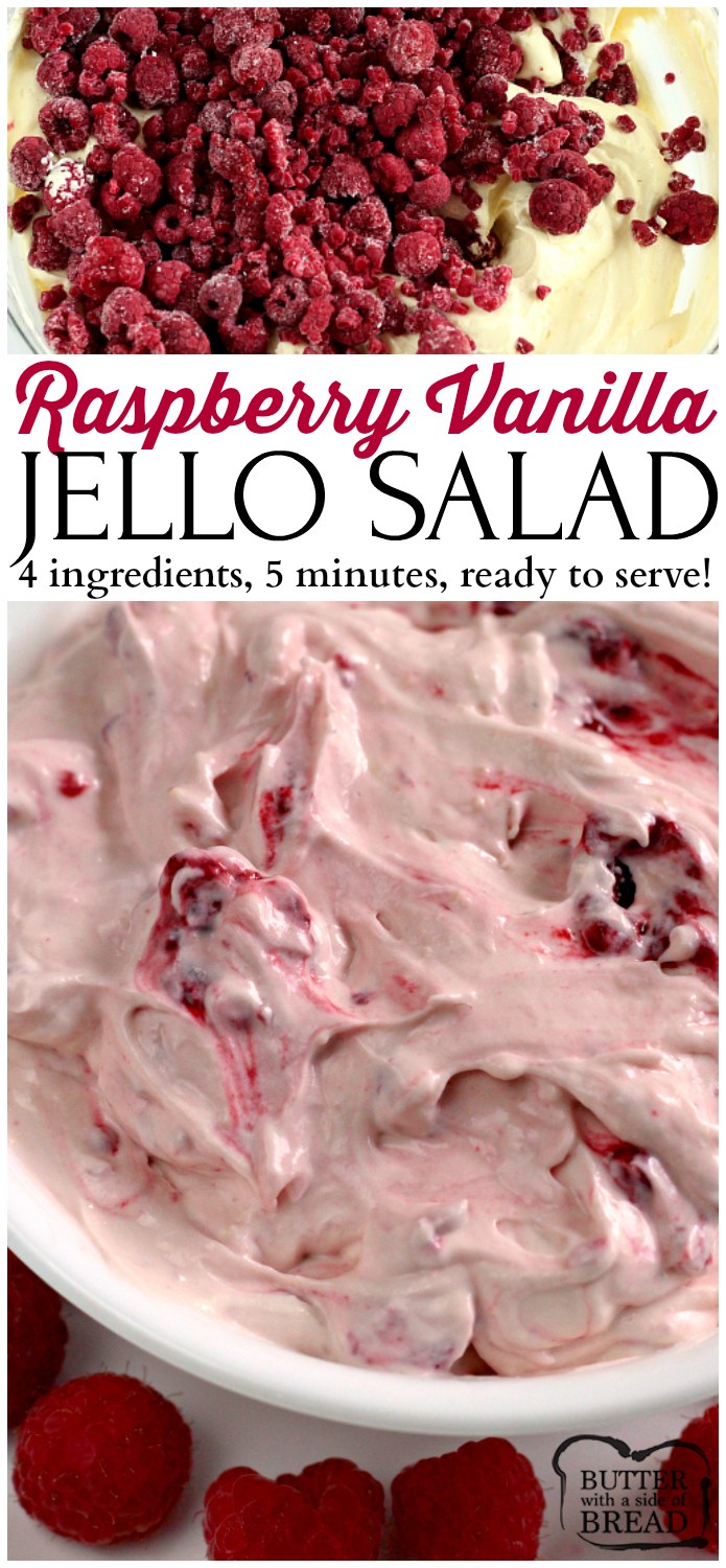 Insalata di gelatina di lamponi alla vaniglia - È una delle ricette più semplici (e deliziose!) Che tu abbia mai fatto. Solo 4 ingredienti e in pochi minuti è pronto per essere servito! Questo è perfetto come contorno o anche come dessert! # gelatina # insalata # lampone # lamponi #frutta # ricetta facile # ricetta 