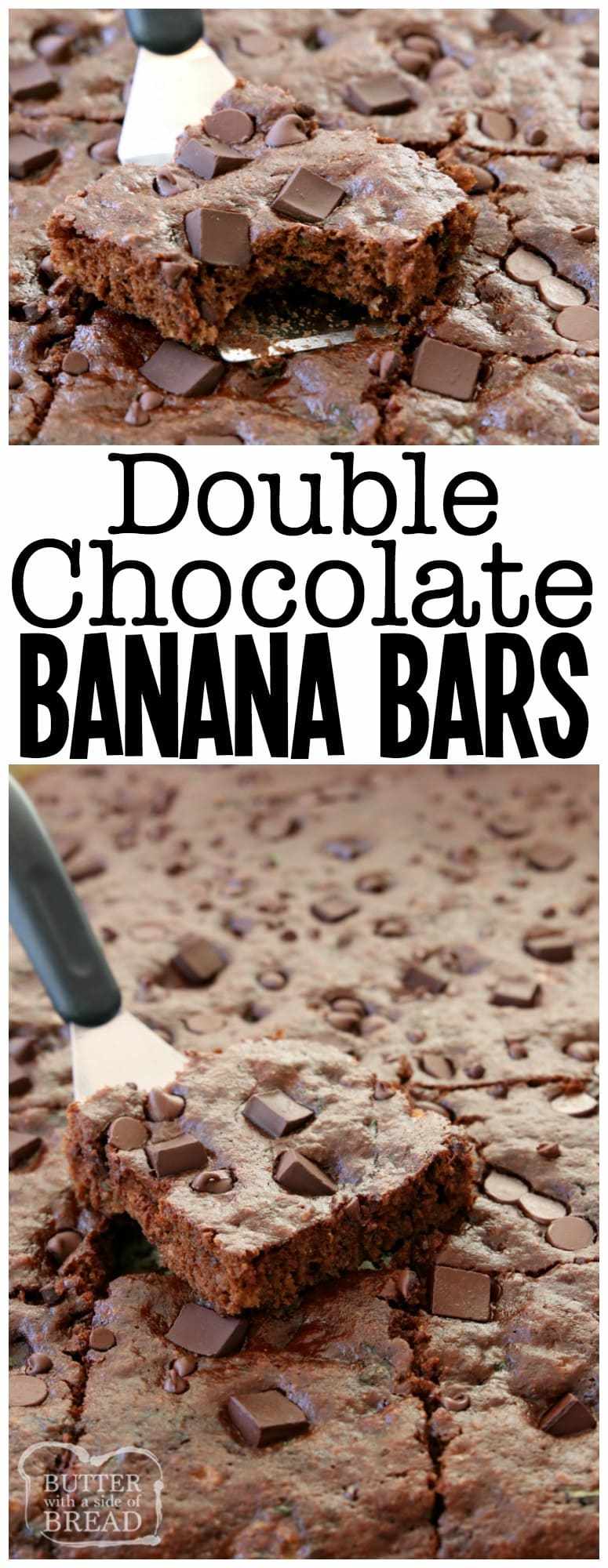 Barrette di banana al doppio cioccolato fatte con 5 banane e doppio cioccolato per una gustosa ricetta alla banana che piace a tutti. Non troppo dolce e perfetto in qualsiasi momento! Doble #Chocolate #Banana Bars #snack #dessert #recipe #skinny Butter with A Side of Bread