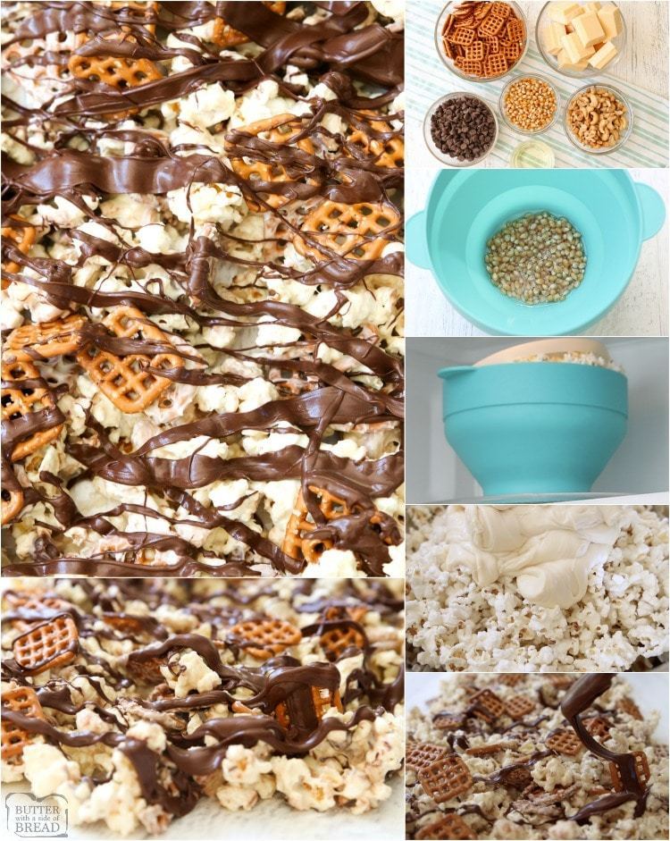 Popcorn al cioccolato a base di cioccolato bianco e semi-dolce, salatini e anacardi! La nostra ricetta semplice per preparare popcorn al cioccolato bianco è la combinazione perfetta di salato e dolce.