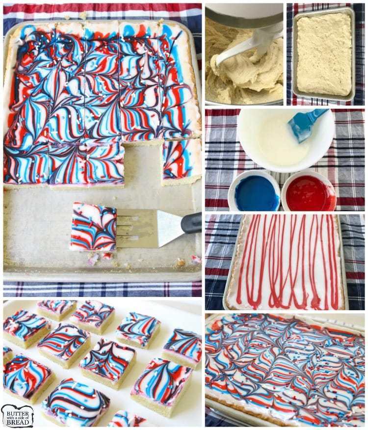 Divertenti barrette di biscotti patriottiche realizzate con glassa rossa, bianca e blu che le rende perfettamente festive! Ricetta Easy Sugar Cookie Bar per il 4 luglio e il Memorial Day.