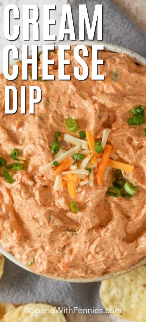 Una scodella di salsa di crema di formaggio e tortilla chips guarnite con cipolle verdi.