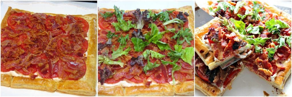 Collage fotografico di come realizzare una ricetta di pasta sfoglia BLT - Kudos Kitchen di Renee
