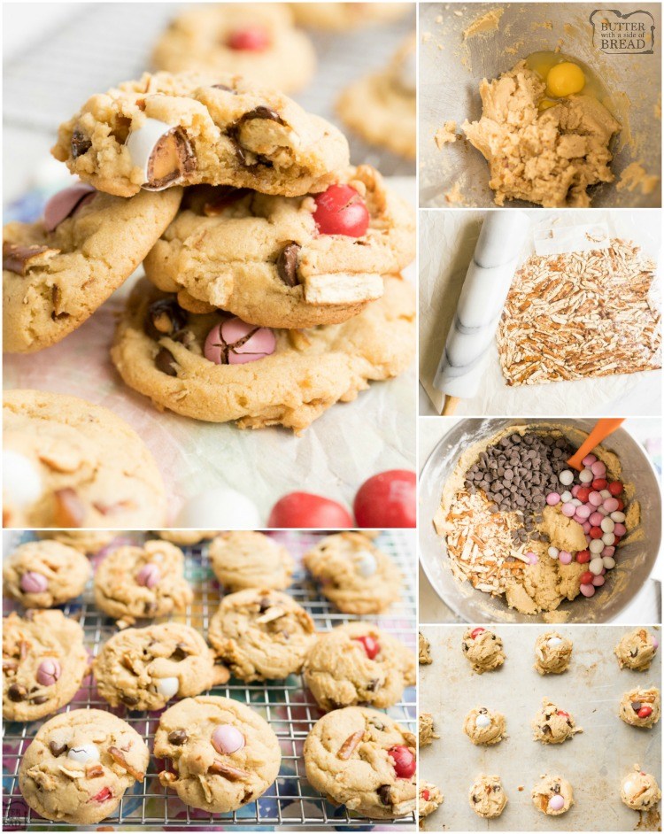 I biscotti al cioccolato con ciambellina salata e caramello sono il massimo della combinazione salata! Ciambelline salate schiacciate, caramello M & M e gocce di cioccolato semi-dolce, il tutto annidato in un impasto per biscotti imburrato. Perfetta variazione su una classica ricetta di biscotti al cioccolato!