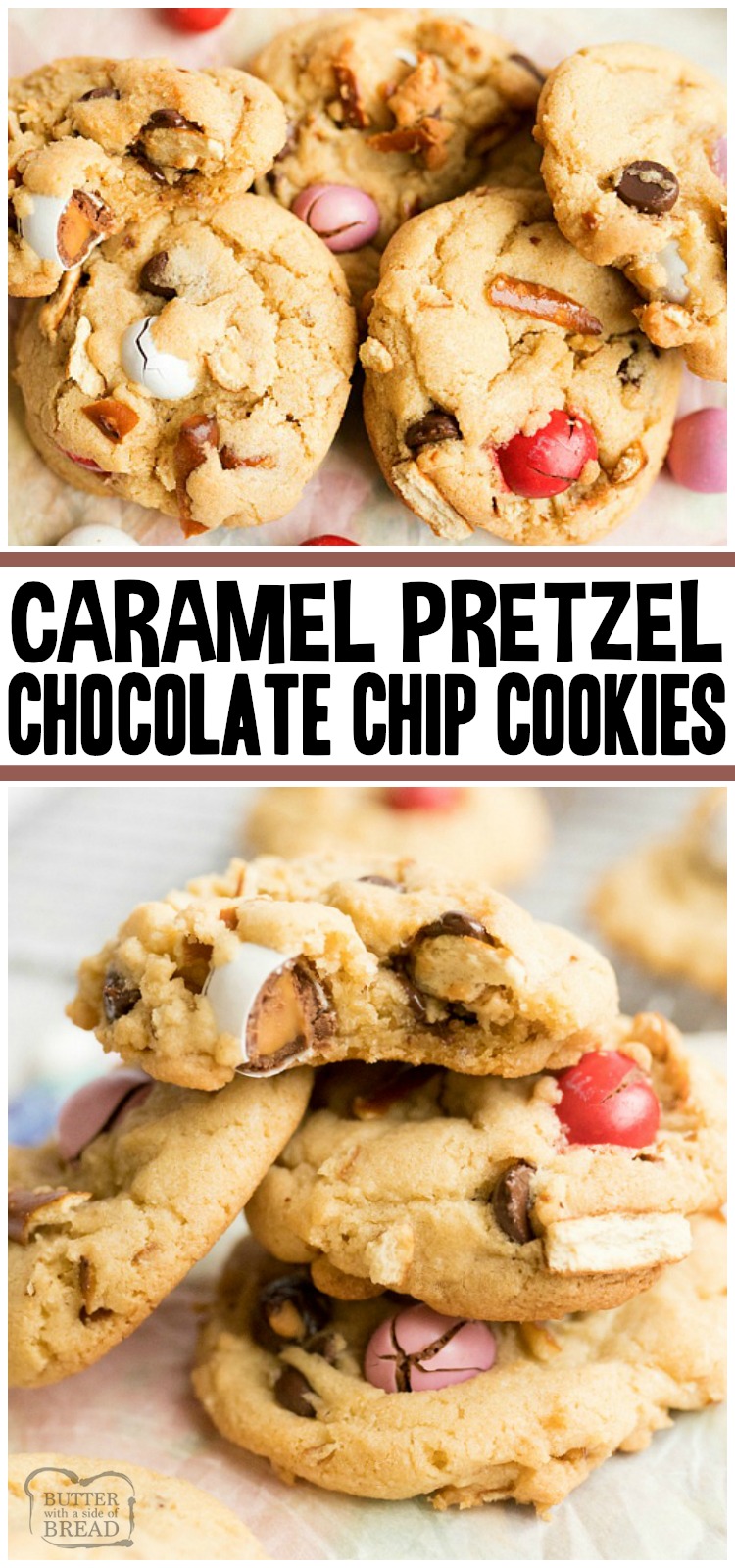 I biscotti al cioccolato con ciambellina salata e caramello sono il massimo della combinazione salata! Ciambelline salate schiacciate, caramello M & M e gocce di cioccolato semi-dolce, il tutto annidato in un impasto per biscotti imburrato. Perfetta variazione su una classica ricetta di biscotti al cioccolato! #cookies #caramel #pretzel #chocolate #chocolatechip #dessert #baking #recipe from BUTTER WITH A LIDE OF BREAD