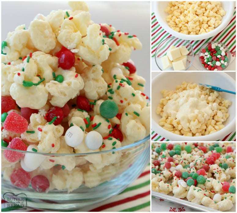 Il Christmas Candy Puffcorn è reso facile in pochi minuti con una crosta di mandorle che ricopre il burroso Puffcorn e condito con caramelle festive e spruzza!