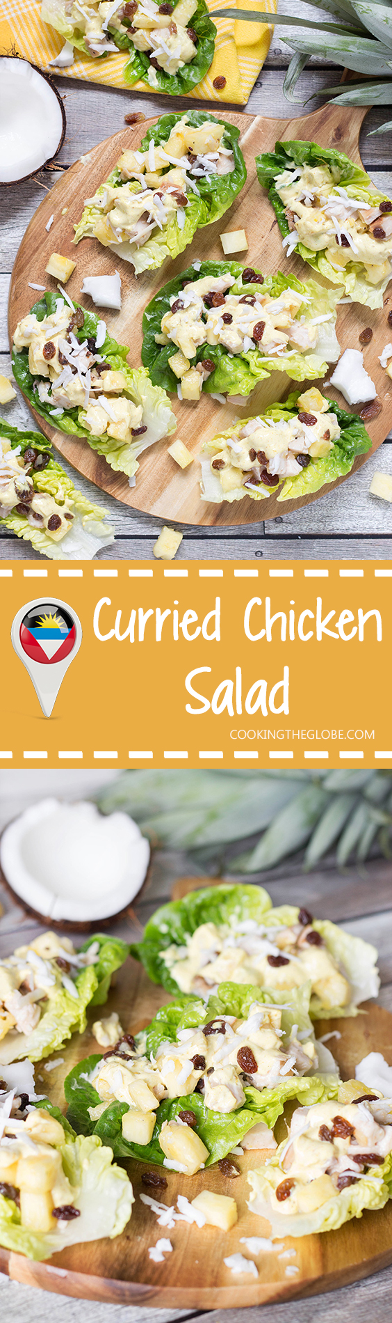 Questa deliziosa insalata di pollo al curry proviene dai Caraibi e contiene anche ananas, cocco, uva passa e altre prelibatezze! | cocinartheglobe.com