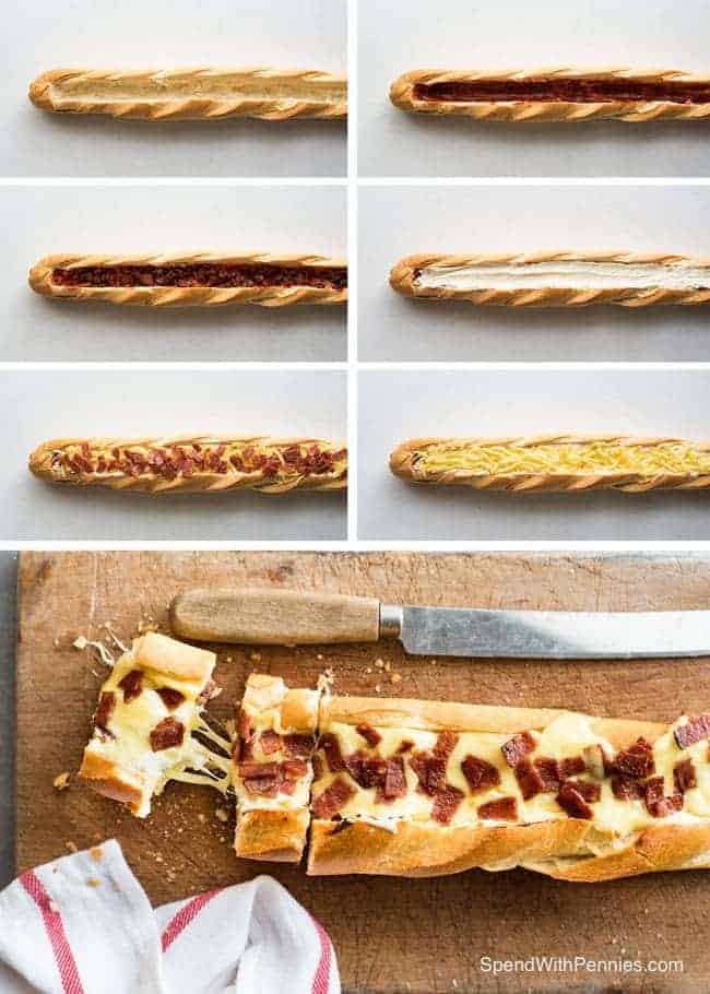 Baguette ripiene di salsa per pizza: 3 dei migliori cibi al mondo in uno: pane, salsa e pizza.