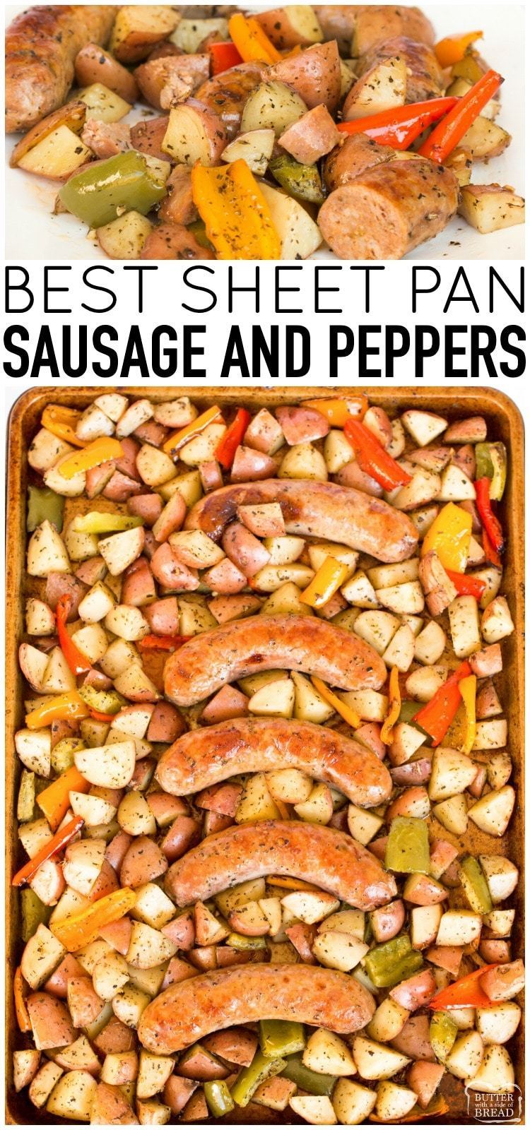 La ricetta di salsiccia e pepe è una cena deliziosa, ricca e facile da preparare. Con pochi ingredienti, salsicce e peperoni italiani al forno sono veloci e semplici. # salsicce # peperoni #patate #easydinner #veggies #recipefrom Burro con un lato di pane