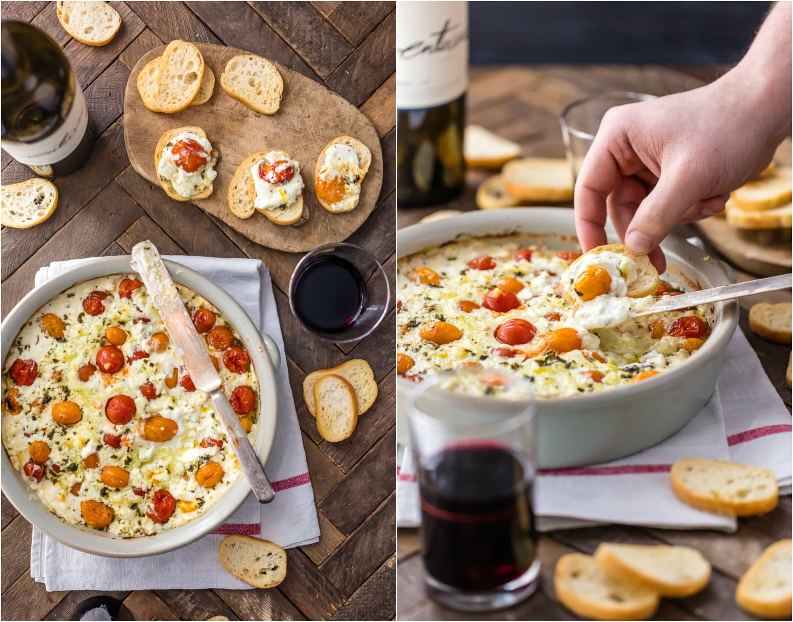 Collage fotográfico de una mesa con un plato de salsa de queso
