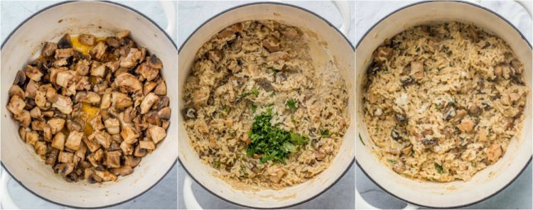 Come preparare una cena a base di pollo e riso con pollo saltato in padella, funghi, cipolla e riso.
