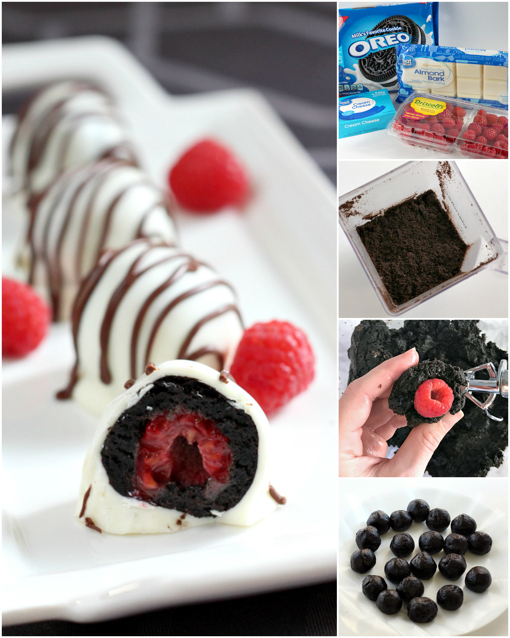 Le palline Oreo al lampone e al cioccolato bianco sono una deliziosa prelibatezza senza cottura a base di biscotti Oreo, crema di formaggio e un lampone nel mezzo. Le palline Oreo sono immerse in uno strato di caramello al cioccolato bianco e ricoperte da un filo di cioccolato. 