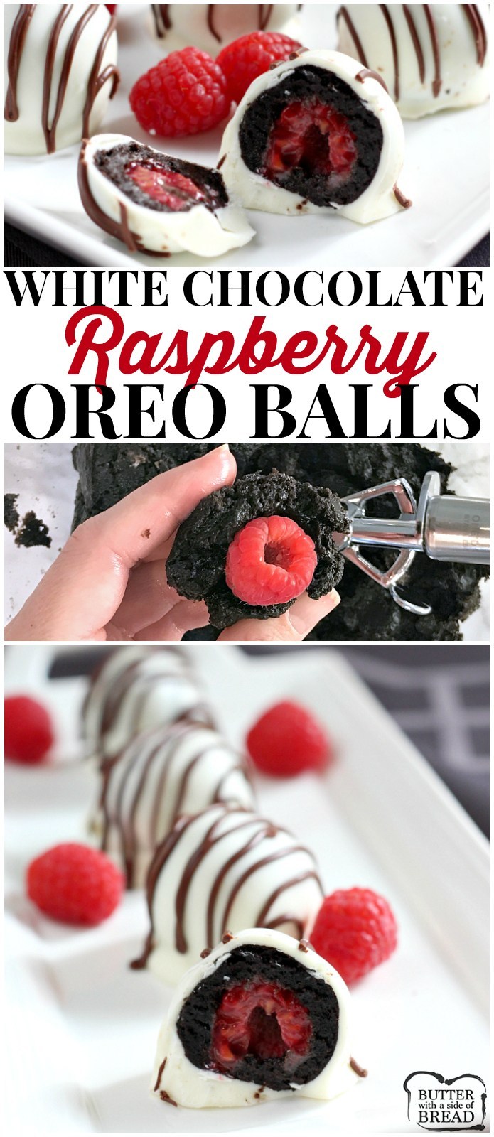 Le palline Oreo al lampone e al cioccolato bianco sono una deliziosa prelibatezza senza cottura a base di biscotti Oreo, crema di formaggio e un lampone nel mezzo. Le palline Oreo sono immerse in uno strato di caramello al cioccolato bianco e ricoperte da un filo di cioccolato. 