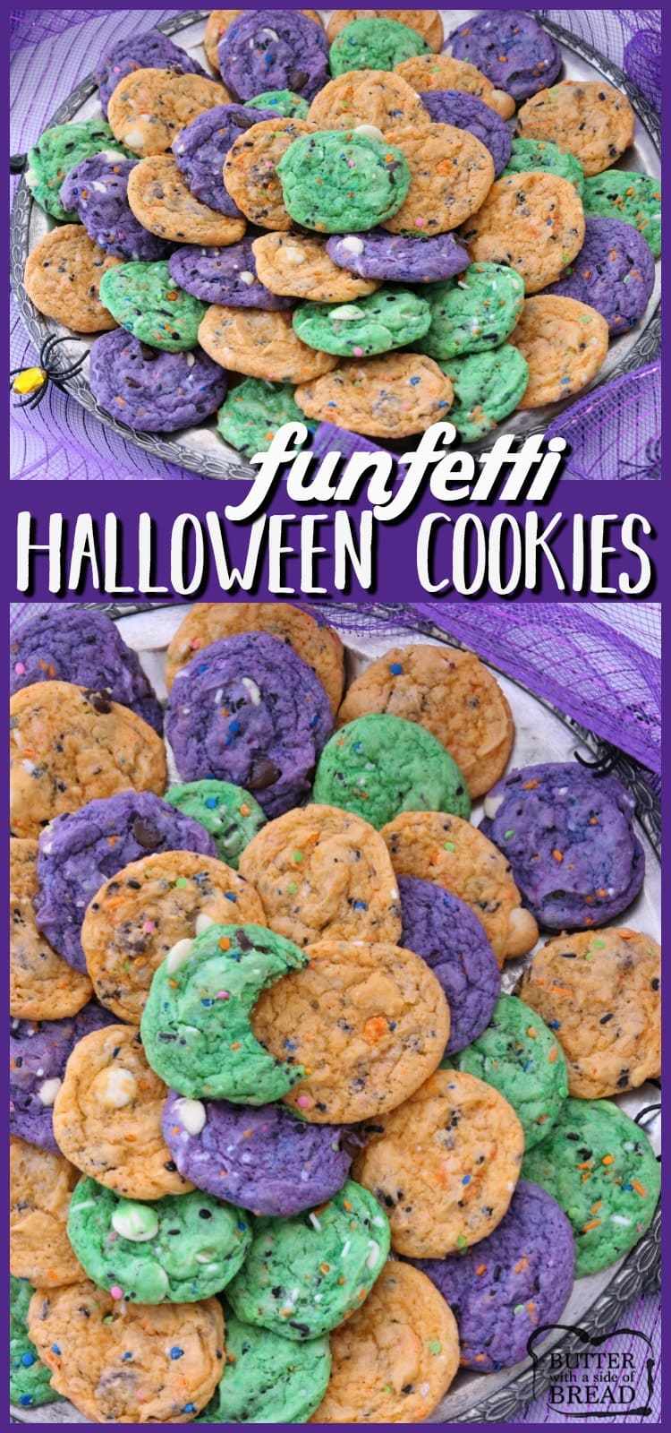 I biscotti di Halloween di Funfetti sono deliziosi e spettrali dolci fatti con torte festive sparse su ogni biscotto. Aggiungiamo il mix di budini per texture e colore per FUN!