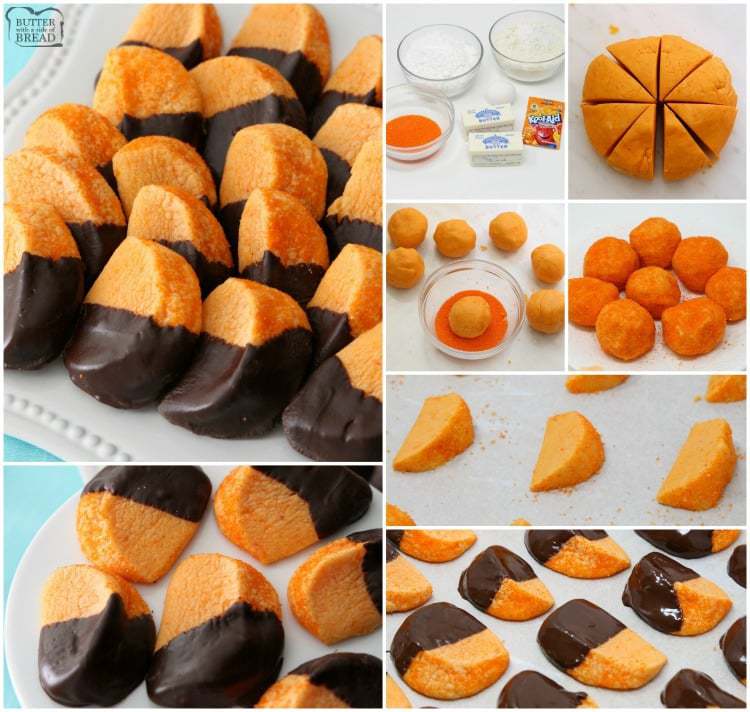 Chocolate Orange Cookies imitano le fette d'arancia immerse nel cioccolato. Il sapore brillante e sapido degli agrumi proviene dal mix di arance Kool-Aid cotto nei biscotti!