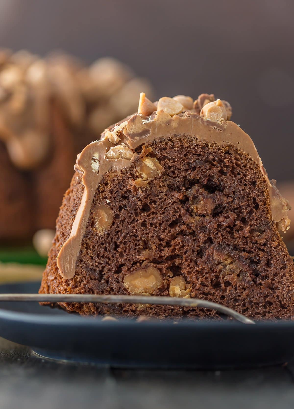 Primo piano di una fetta di torta bundt torta al cioccolato al burro di arachidi