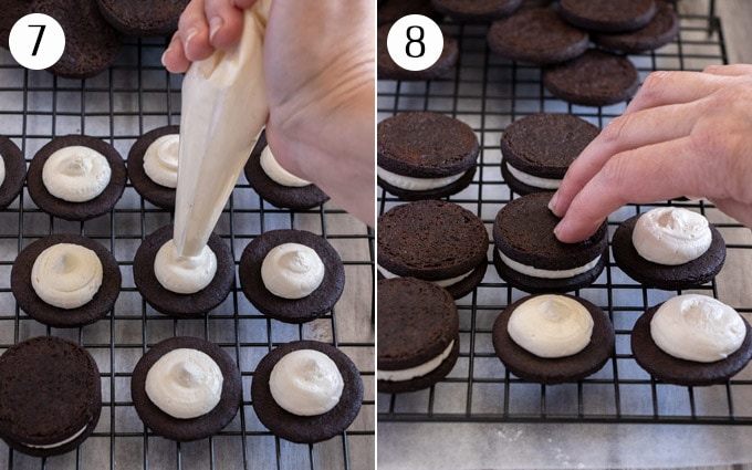 Mettere il burro bianco sopra i biscotti al cioccolato e poi unirli insieme.